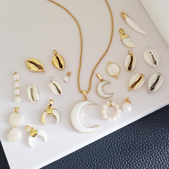 Slide On Moon Pendant Real Seashell Double Horn Charm 2 Colors White Gold Crescent Celestial Jewelry for Layered Necklace Reversible Lacey