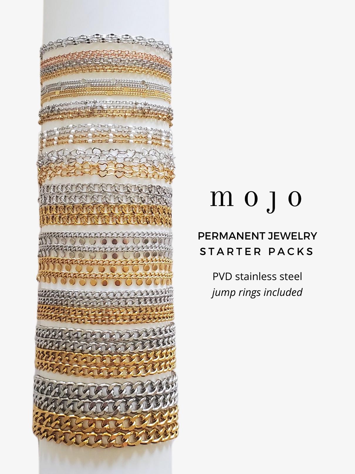 Permanent Jewelry Chain Starter Pack w Jump Rings Gold, Silver PVD Stainless Steel Chain By The Foot Heart Disc Sequin Beaded Cable Bar Drop