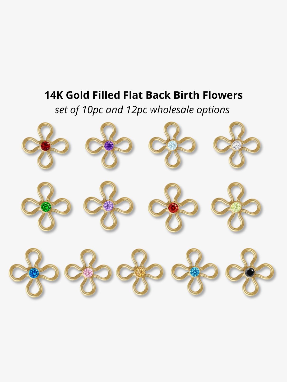 Flat Back 14K Gold Filled Birth Flowers Connectors Top Quality Bezel 2mm CZ for Permanent Jewelry Bracelet Flatback Flower Daisy Clover USA