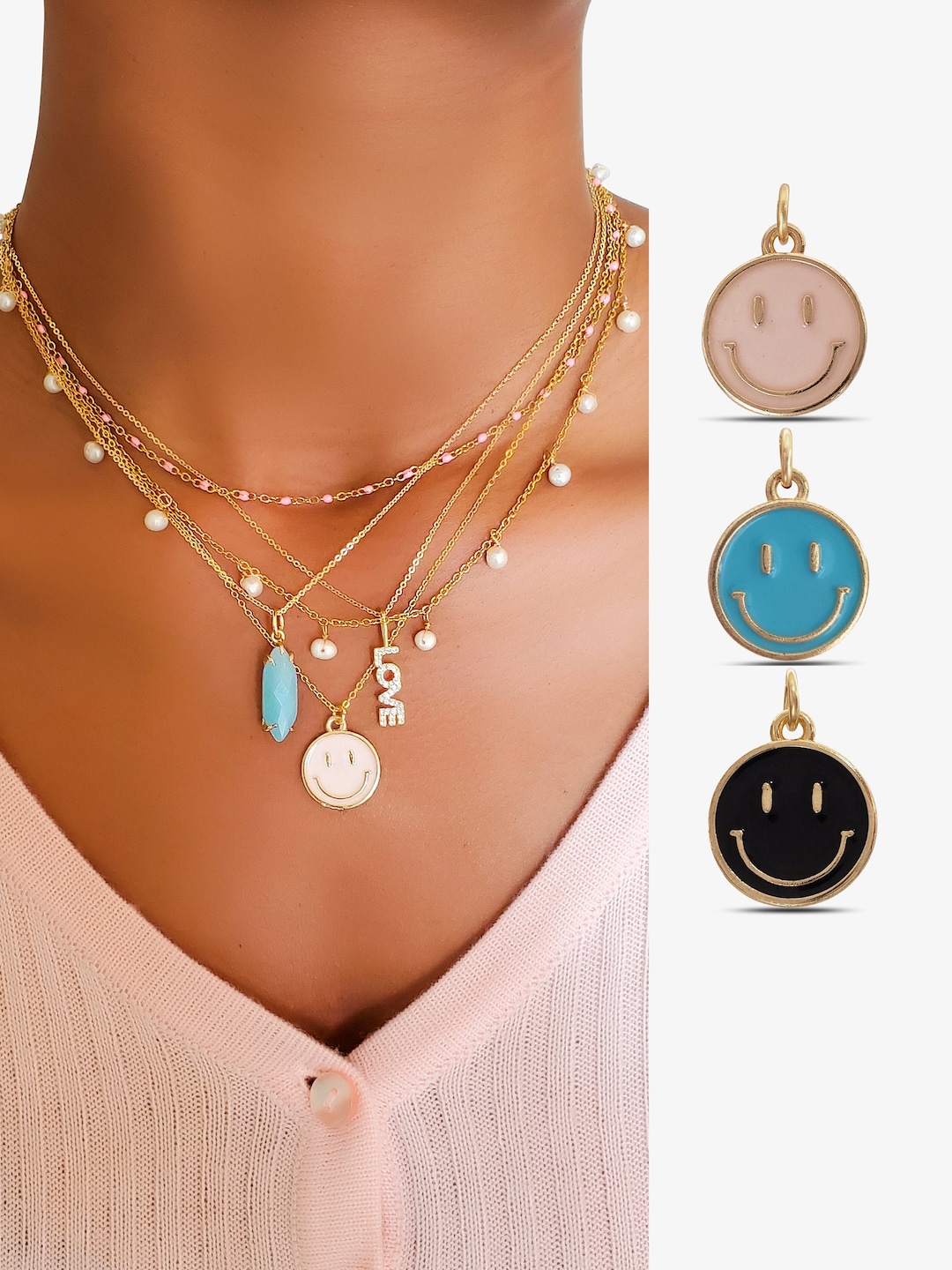 3色 スマイリーフェイスチャーム ゴールド 笑顔ネックレス