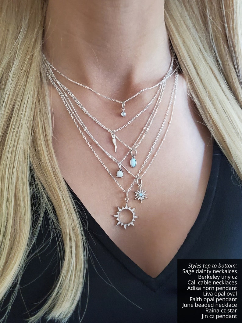 May include: A layered silver necklace set featuring five distinct chains with various charms including a tiny CZ stone, a horn, an oval opal, a round opal, a starburst, and a sun pendant. Text reads: Styles top to bottom: Sage dainty neckalces, Berkeley tiny cz, Cali cable necklaces, Adisa horn pendant, Liva opal oval, Faith opal pendant, June beaded necklace, Raina cz star, Jin cz pendant.