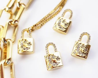 Celestial Padlock Pendant Gold Dainty Padlock Charm Moon Stars Sun Padlock Lock Jewelry Lock Star Moon Necklace Lock Earrings USA KENJI