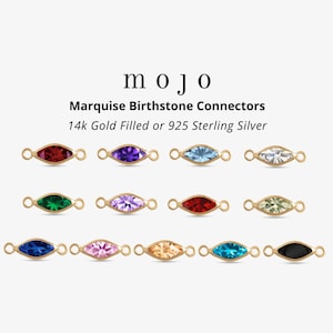 Puede incluir: Conectores de piedras de nacimiento en forma de marquesa en oro de 14 quilates relleno o plata de ley 925. Los conectores presentan una variedad de piedras de nacimiento, incluyendo rojo, morado, azul, verde, rosa y amarillo.