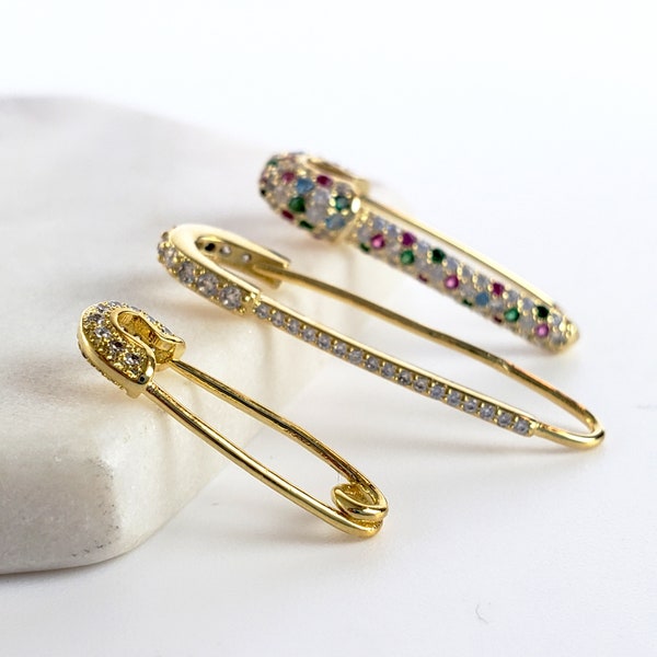 Safety Pin Collection 3 Styles Or CZ Diamant Coloré Micro Pave Petite Grande Boucle D'oreille Collier Charme Pendentif Or Argent Sterling