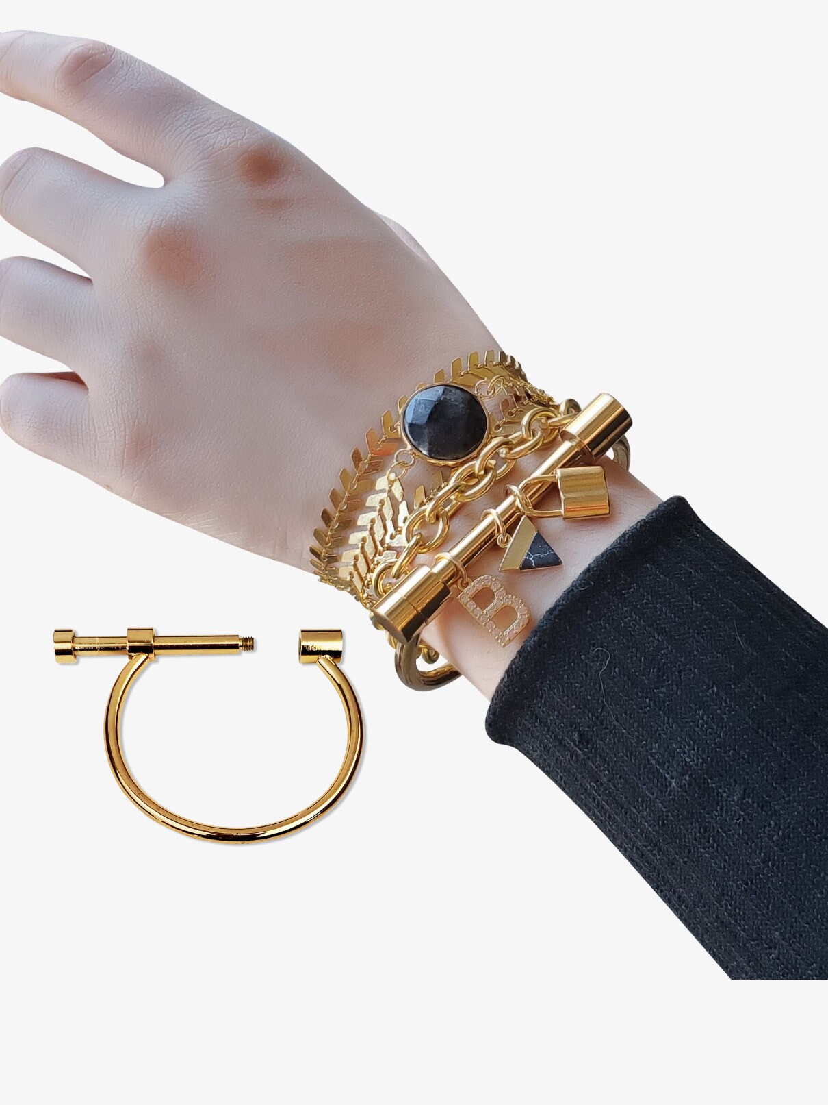Gold Stainless Steel Bar Bracelet Twist Open Screw Lock