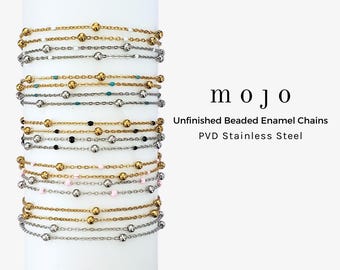 Beaded Enamel Chain By The Foot, PVD Gold Stainless Steel Silver Unfinished Satellite Chain for Permanent Jewelry, White Pink Black Blue
