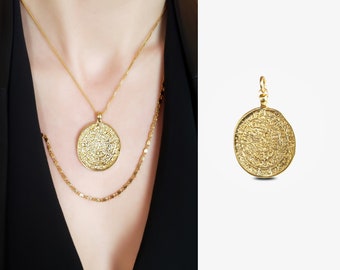 Slide-On Large Gold Coin Pendant Textured Ancient Charm Layered Layering Necklaces Heavy Round Oval Circle Medallion Vintage Jewelry ARIA