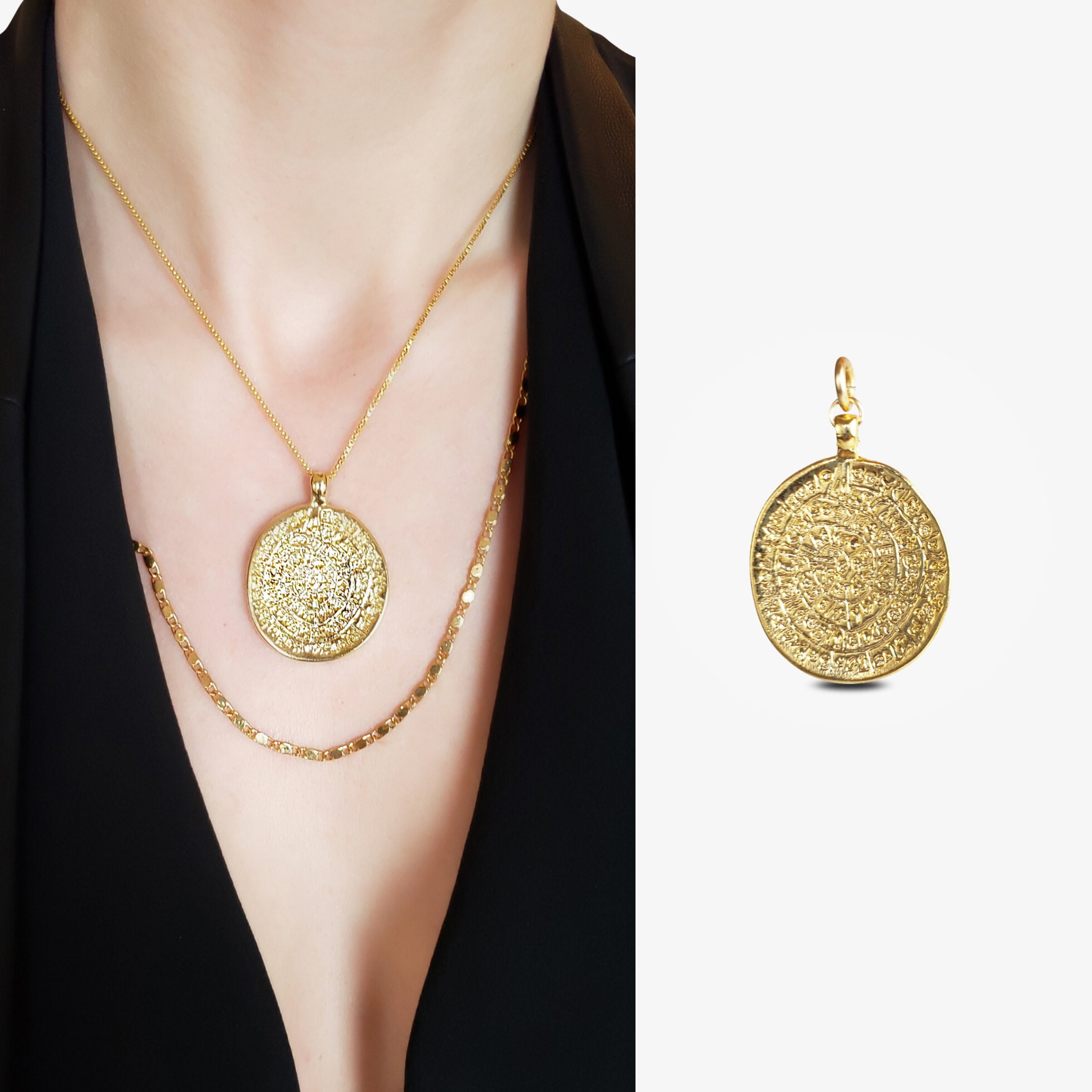 Slide on Large Gold Coin Pendant Textured Ancient Charm Layered