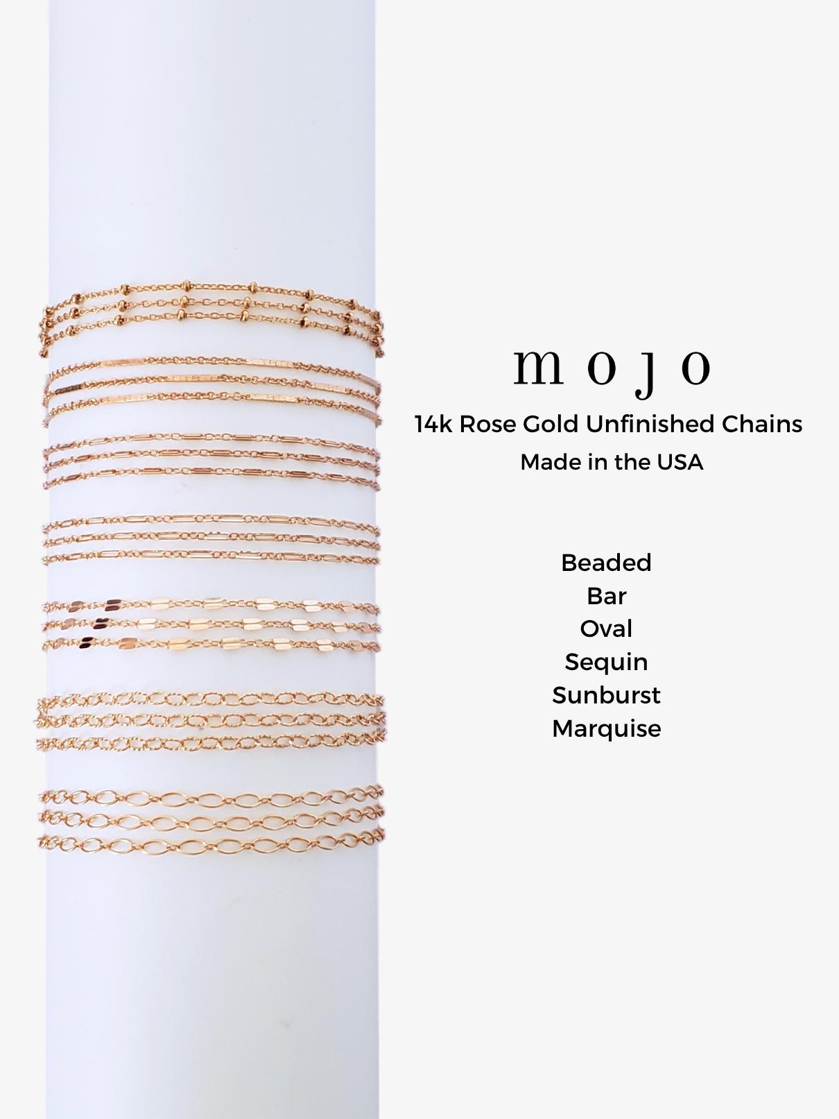 7 Styles, 14k Rose Gold Filled Chains Made in the USA Beaded Bar Sequin Three and One Oval Sunburst Marquise Unfinished Chain by the Foot