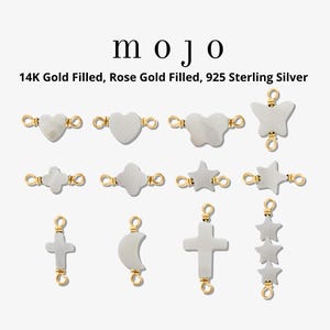 May include: A set of 10 gold-filled, rose gold-filled, and sterling silver connector charms featuring various shapes, including hearts, stars, crosses, butterflies, and moons. The charms are made of white mother-of-pearl.
