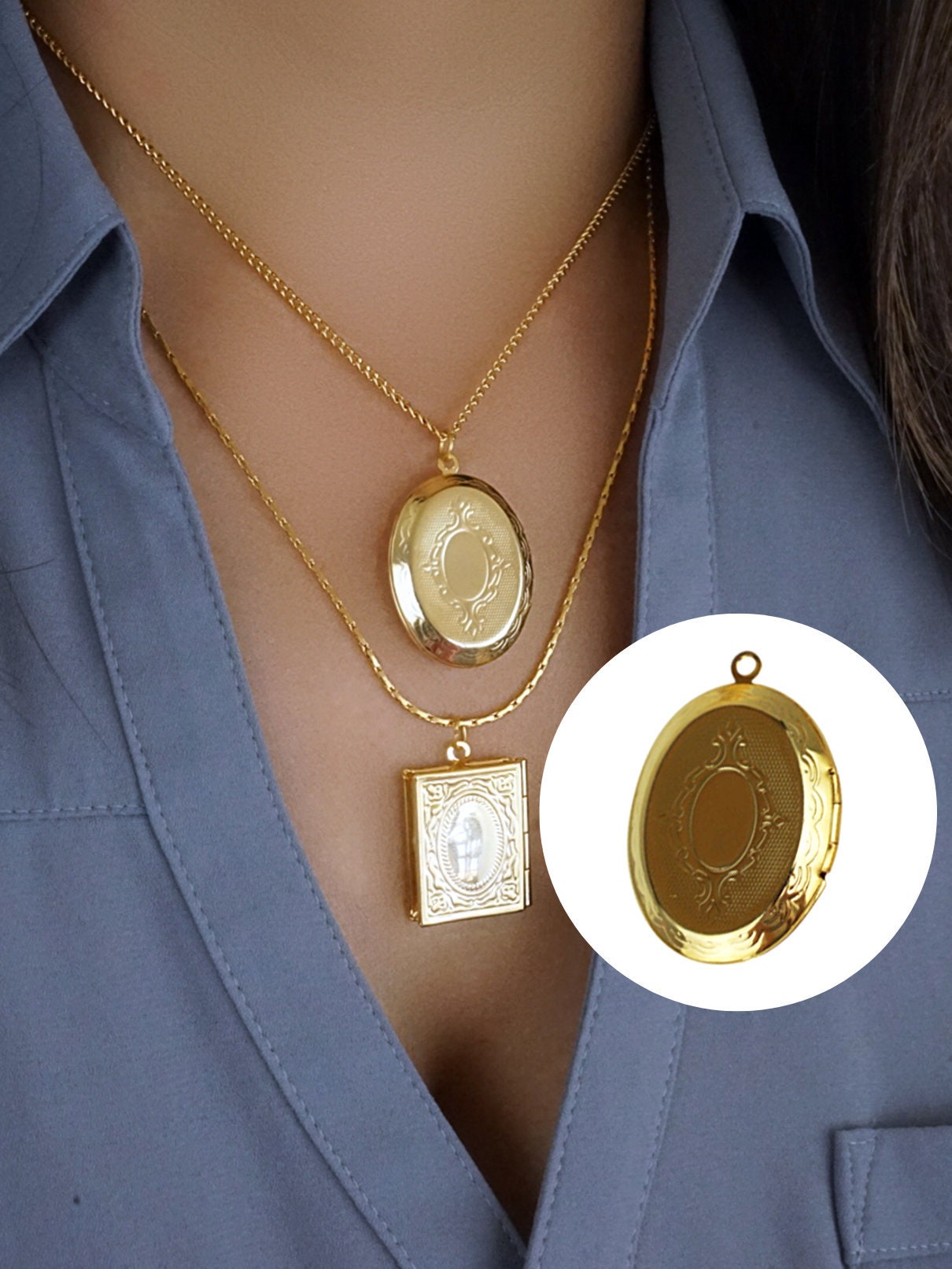 Gold Oval Locket Pendant Vintage Style 