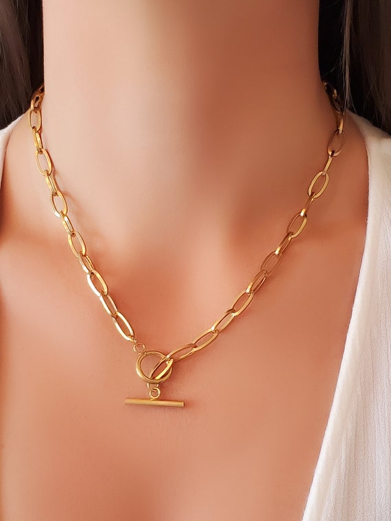 Gold Silver Paperclip Toggle Necklace 