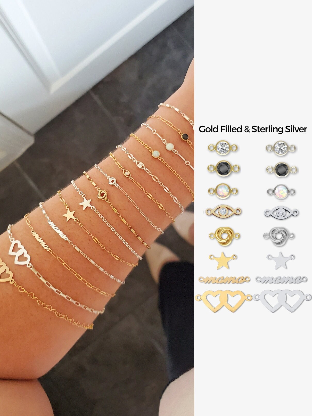 9 Styles! Gold Filled or Sterling Silver Connectors For Permanent Jewelry Bracelet Necklace Layering Charm Heart Cross Star Mama Birthstone