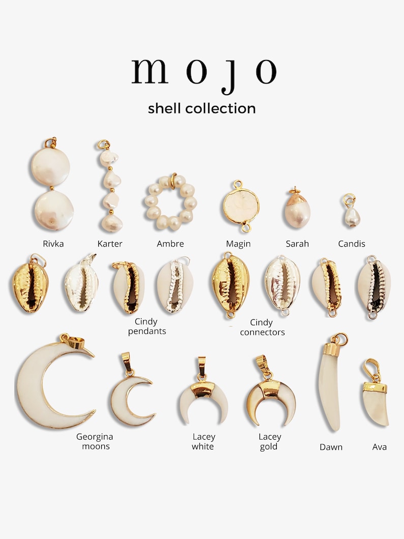 May include: A collection of shell-themed pendants and charms. The image features various designs, including pearl clusters, shell shapes, and crescent moon pendants. The color palette includes white, gold, and natural shell tones. The text "mojo shell collection" is at the top.