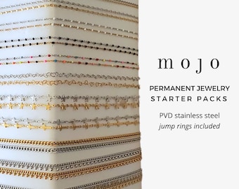 Permanent Jewelry Chain Starter Pack w Jump Rings Gold, Silver PVD Stainless Steel Chain By The Foot Heart Cross Stars Disc Sequin Dainty
