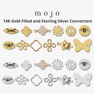 May include: A set of 14K gold filled and sterling silver connectors featuring various designs, including butterflies, flowers, and geometric shapes. The connectors are perfect for jewelry making and crafting.