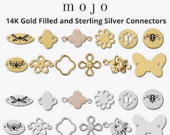 Op de afbeelding: Een collectie van 14K gold-filled en sterling zilveren sieradenverbinders gerangschikt in rijen. De stukken hebben verschillende vormen, waaronder vlinders, bloemen, libellen, bijen en geometrische ontwerpen, met uitsparingen in sommige.