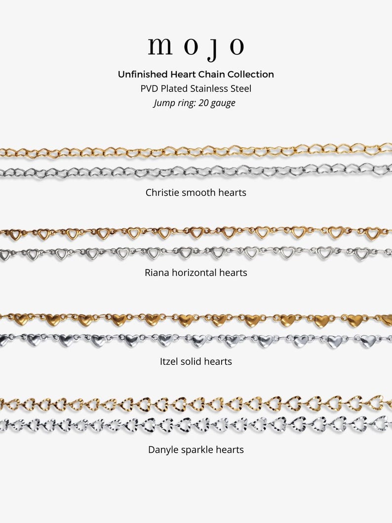 4 Styles! Heart Chains Gold and Silver PVD Plated Stainless Steel for Permanent Jewelry 3mm 4mm Chain by the Foot Bracelet Necklace Hearts image 2