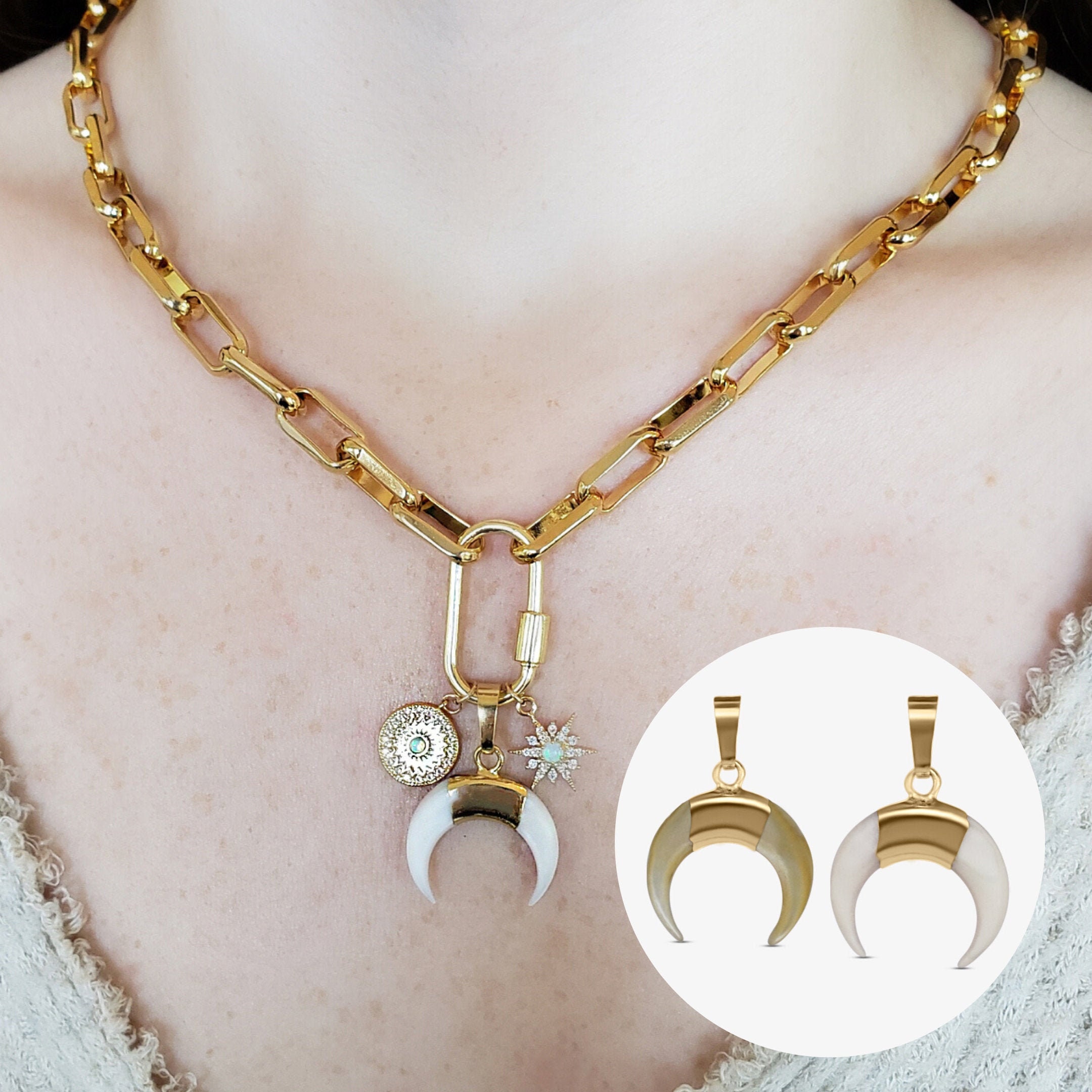 Buy 2 Colors Real Shell Double Horn Pendant Seashell Moon Crescent