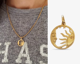 Gold Sun Moon Charm Celestial Pendant Dainty Stainless Steel Jewelry Starry Night Slide-On Add-On Round Gold Coin Necklace Bracelet Charm