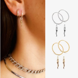 14K Gold Filled or Sterling Silver Endless Hoops Slide-On Cornicello Horn Charms Pendant Hoops Dangle Huggie Hoops Huggies Earrings Jewelry