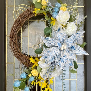 Blue & White Floral Wreath: Farmhouse Grapevine Front Door Decor