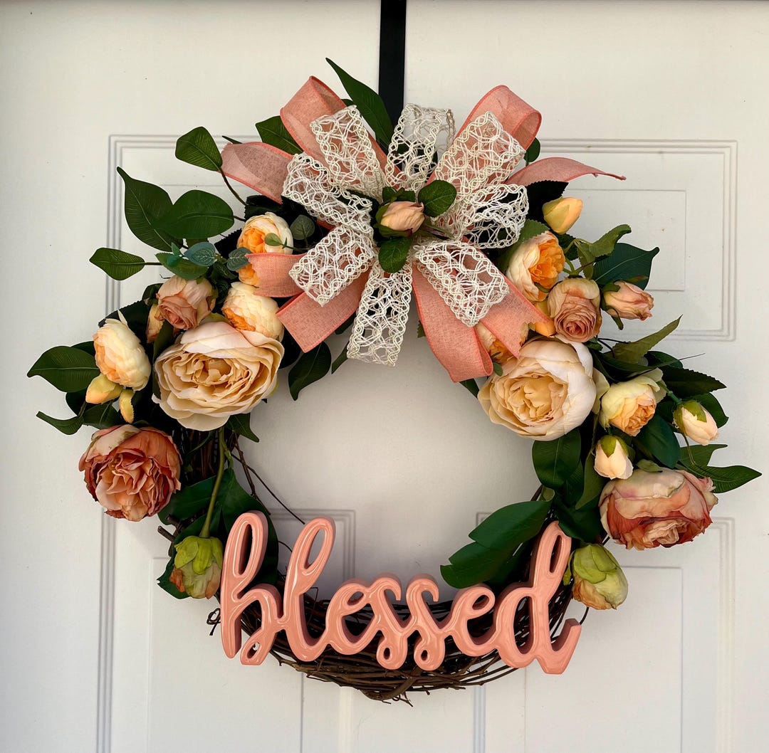 Peach Cabbage Rose Wreath: Vintage Style Door Decor With Blessed Sign ...