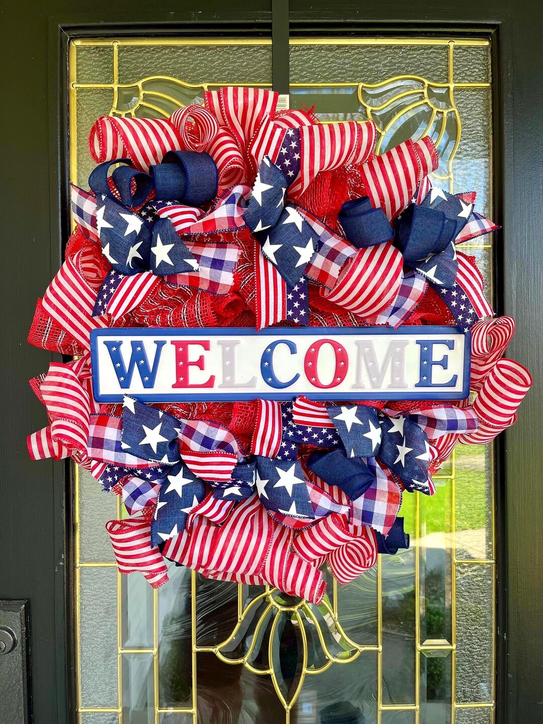 Patriotic Welcome Wreath: Red White Blue Burlap Door Decor - Etsy