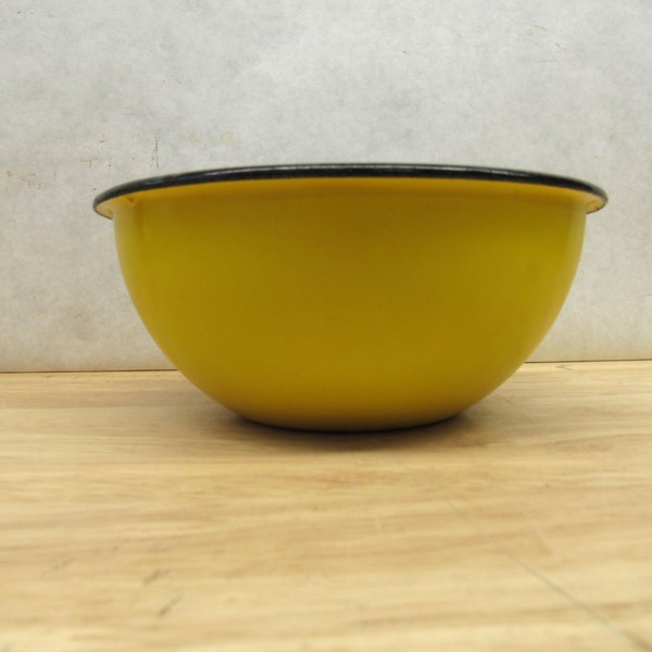 Yellow Enamelware Bowl, Vintage Yellow With Black Rim Enamel/Porcelain Bowl, Made in Poland