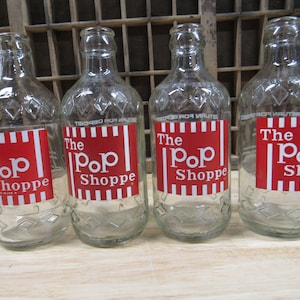 Pop Shoppe Bottles, 4 Pop Shoppe Clear with Red Graphics, Pop Shoppe Stubbie Bottles