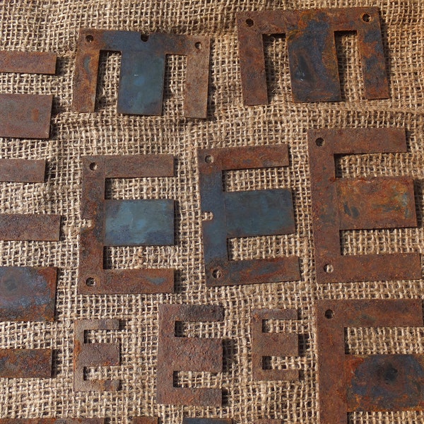 Metal E Shapes, 12 Flat Metal E's, Wonderful "E" Shaped Rusty pieces-assemblage, steampunk supplies, craft supplies