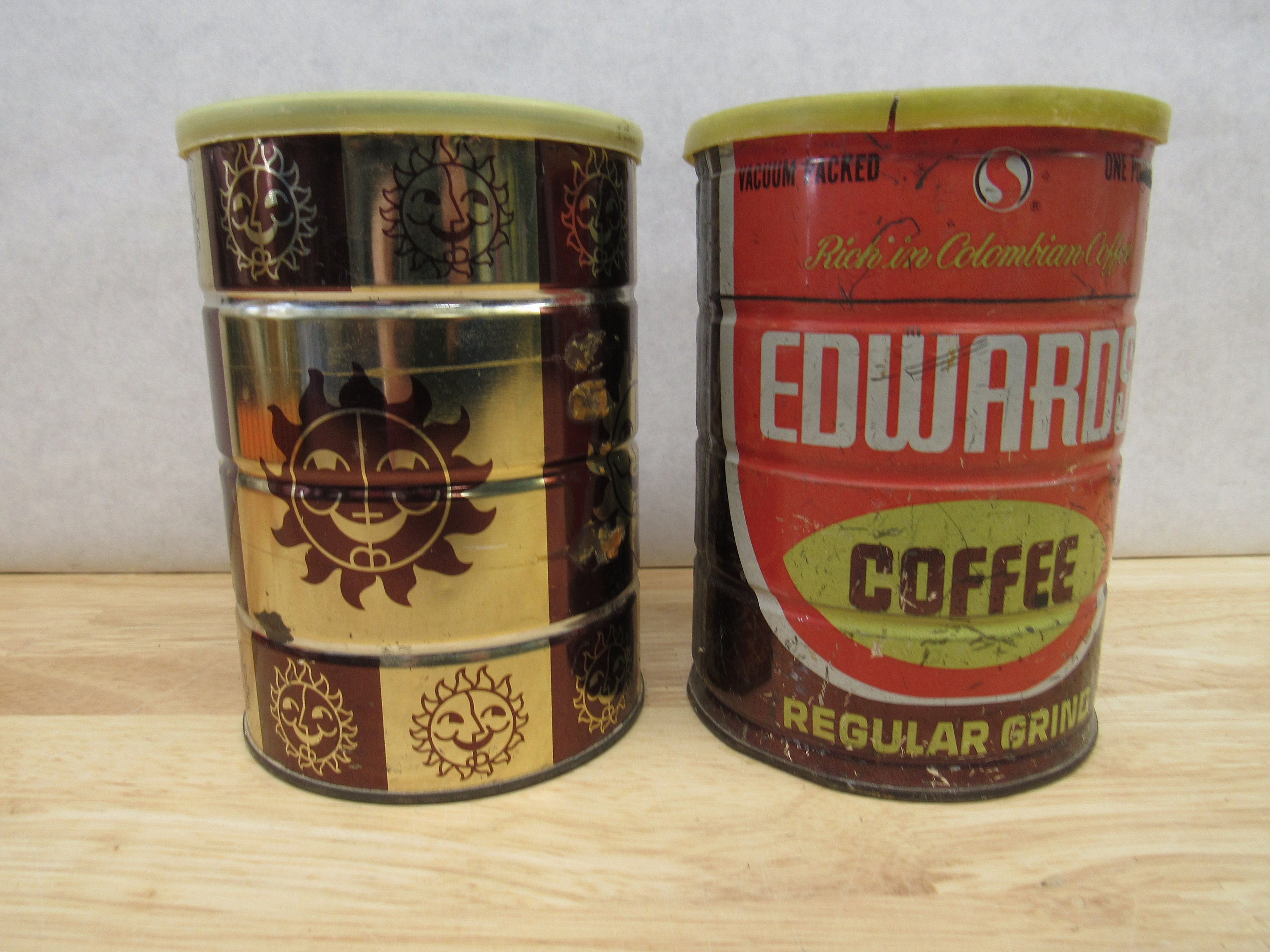 Vintage Coffee Cans, Edwards Coffee Can, Brown with Gold Suns Coffee Can, Choose your Can