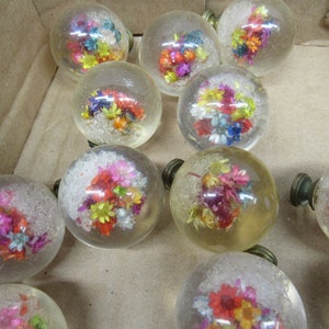 May include: A collection of clear glass knobs, each encasing a vibrant arrangement of dried flowers in various colors. The knobs have a brass-colored base and are arranged in a cardboard box.