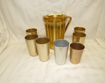 Annodized Aluminum Set, Gold Aluminum Pitcher and 7 Colorful Gold and Silver Annodized Aluminum Tumblers