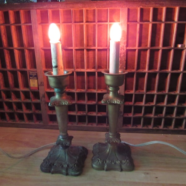 Brass Candlestick Lamps, 2 Heavy Art Deco Style Brass Lamps