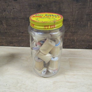 Instant Coffee Jar, Coffee Jar Filled with Wooden Thread Spools, Blue Ribbon Instant Coffee