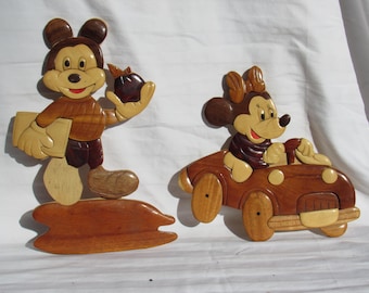 Mickey and Minnie, Wood Inlay Mickey and Minnie Mouse Wall Plaques, Intarsia Wood Mickey and Minney Mouse Wall Decor
