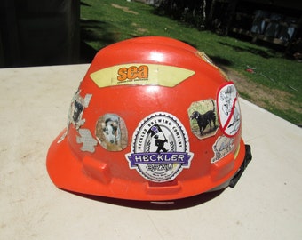 Vintage Hard Hat, Orange Safety Hat, Safety Hard Hat with Stickers