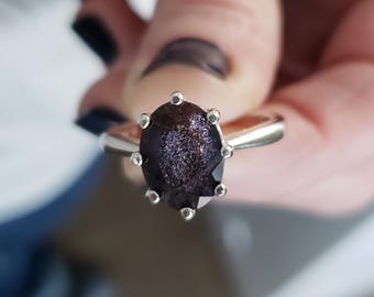 Anillo de plata de ley con piedra solar natural de iolita de 2,2 ct, facetada ovalada, talla 7