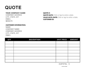 Quote Form, Editable Quote Form, Price Quote Printable Form, Custom Order Form, Microsoft Word Quote Form, Quotation Template, Cost Estimate