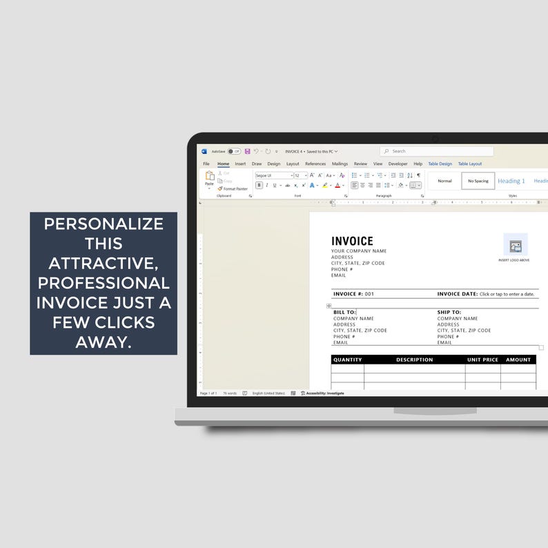 Editable Professional Invoice Template Microsoft Word - Etsy
