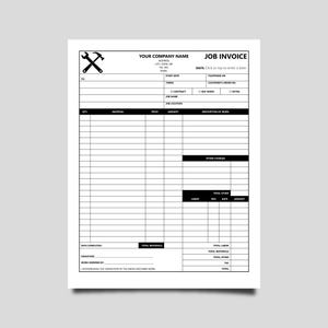 May include: A blank job invoice template with a hammer and wrench graphic in the upper left corner. The document includes fields for company information, date, customer details, and a detailed breakdown of work, materials, and costs.