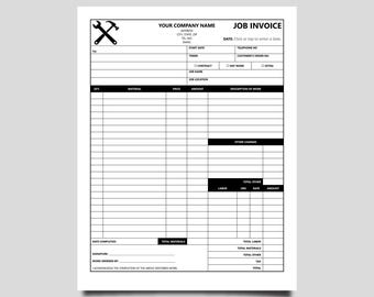 May include: A blank job invoice template with a hammer and wrench graphic in the upper left corner. The document includes fields for company information, date, customer details, and a detailed breakdown of work, materials, and costs.