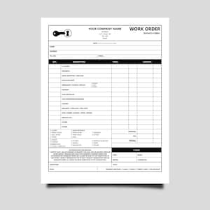 May include: A black and white work order form with a key logo at the top. The form includes fields for company information, customer details, and a detailed list of locksmith services, such as cylinder, deadbolt, and lock installation.