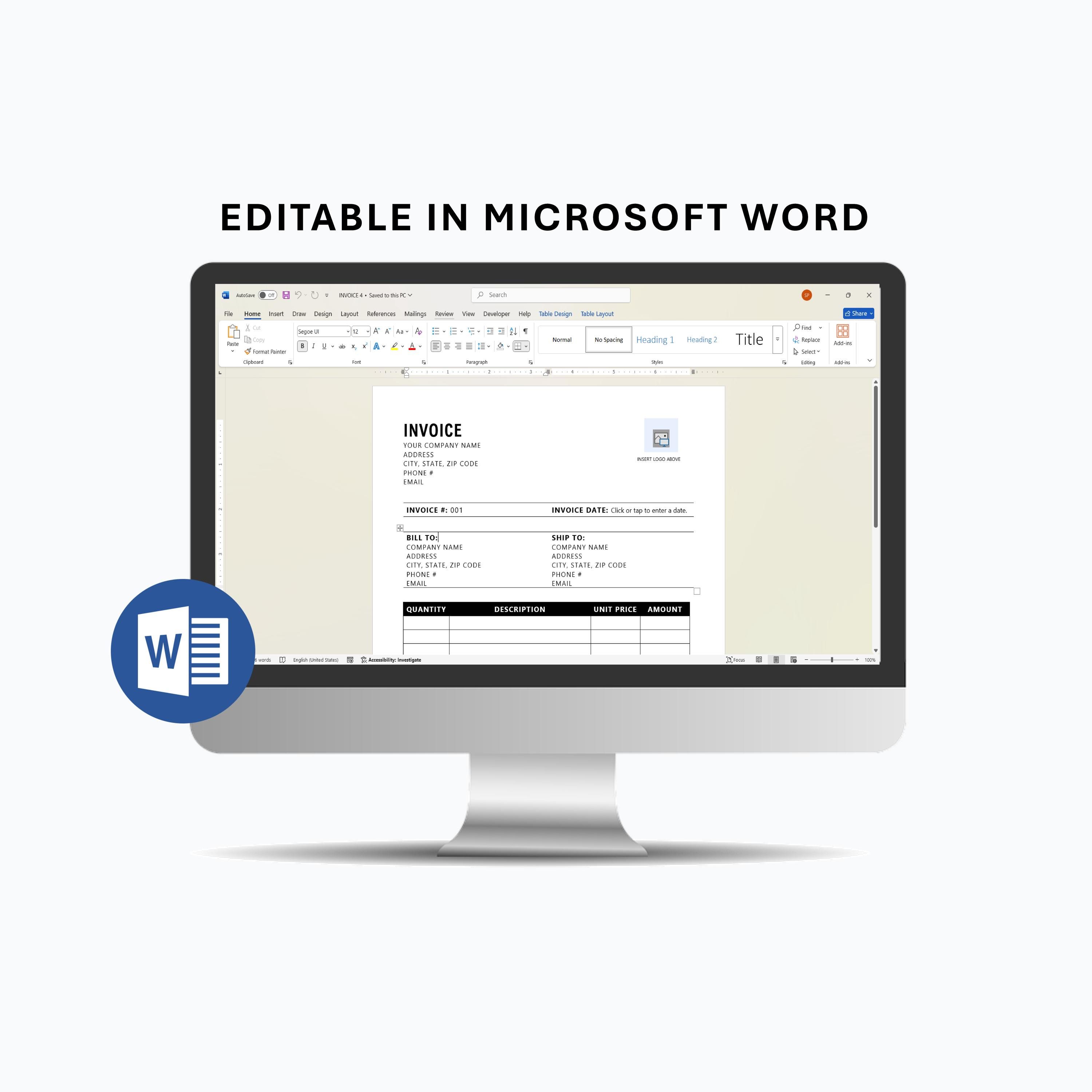 Editable Professional Invoice Template Microsoft Word - Etsy