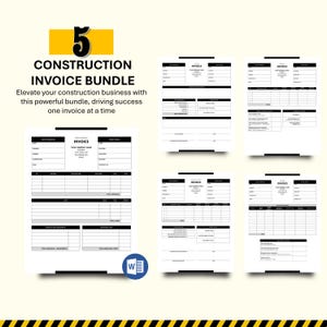 May include: A construction invoice bundle with the number 5 in yellow and black. The text reads "CONSTRUCTION INVOICE BUNDLE" and "Elevate your construction business with this powerful bundle, driving success one invoice at a time."