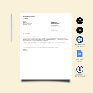 Puede incluir: Una plantilla de carta de desalojo blanca con el texto "NOTICE TO VACATE LETTER". Incluye iconos para US Letter, A4, Microsoft Word, Google Docs y Descarga instantánea.