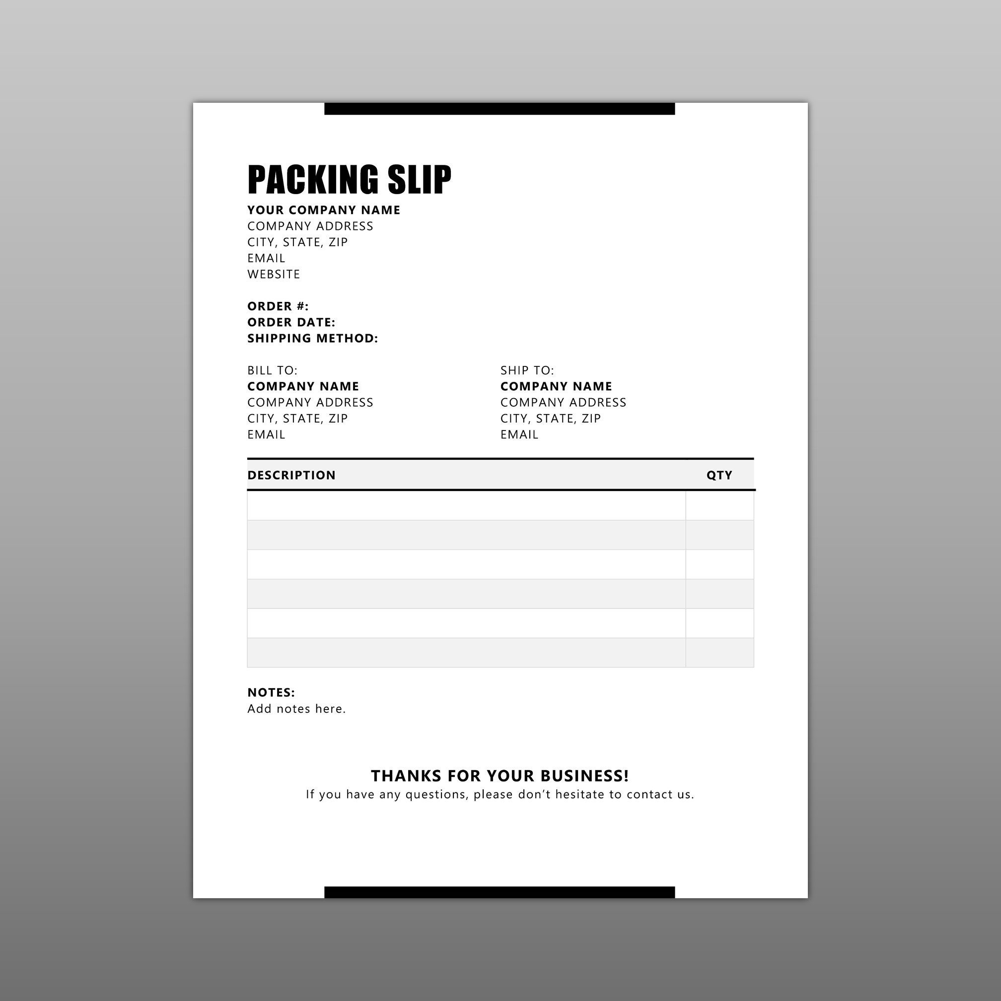 Packing Slip, Printable Packing Slip, Microsoft Word Packing Slip