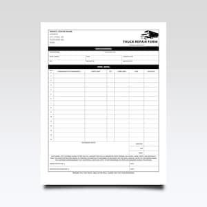 May include: A black and white truck repair form with fields for service center information, vehicle details, and repair descriptions. The form includes sections for parts used, labor, and totals. Text at the bottom reads, "Repairs you can trust, mile after mile."
