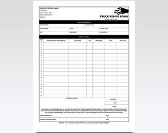 May include: A black and white truck repair form with fields for service center information, vehicle details, and repair descriptions. The form includes sections for parts used, labor, and totals. Text at the bottom reads, "Repairs you can trust, mile after mile."